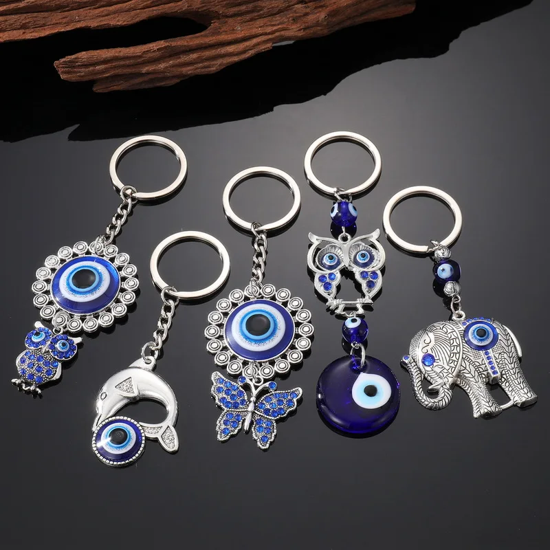 מעולה כחול Rhinestones חלול ינשוף מחזיק מפתחות לנשים מזל טורקי עגול עין הרע תליון מחזיק תיק אבזרים הסיטוניים התמונה 0