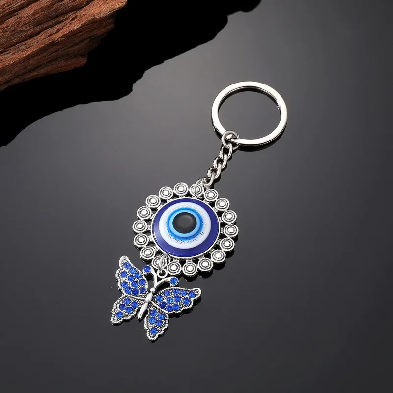 מעולה כחול Rhinestones חלול ינשוף מחזיק מפתחות לנשים מזל טורקי עגול עין הרע תליון מחזיק תיק אבזרים הסיטוניים התמונה 2