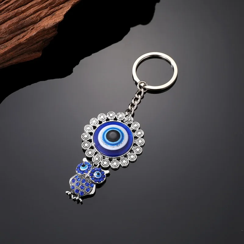מעולה כחול Rhinestones חלול ינשוף מחזיק מפתחות לנשים מזל טורקי עגול עין הרע תליון מחזיק תיק אבזרים הסיטוניים התמונה 3