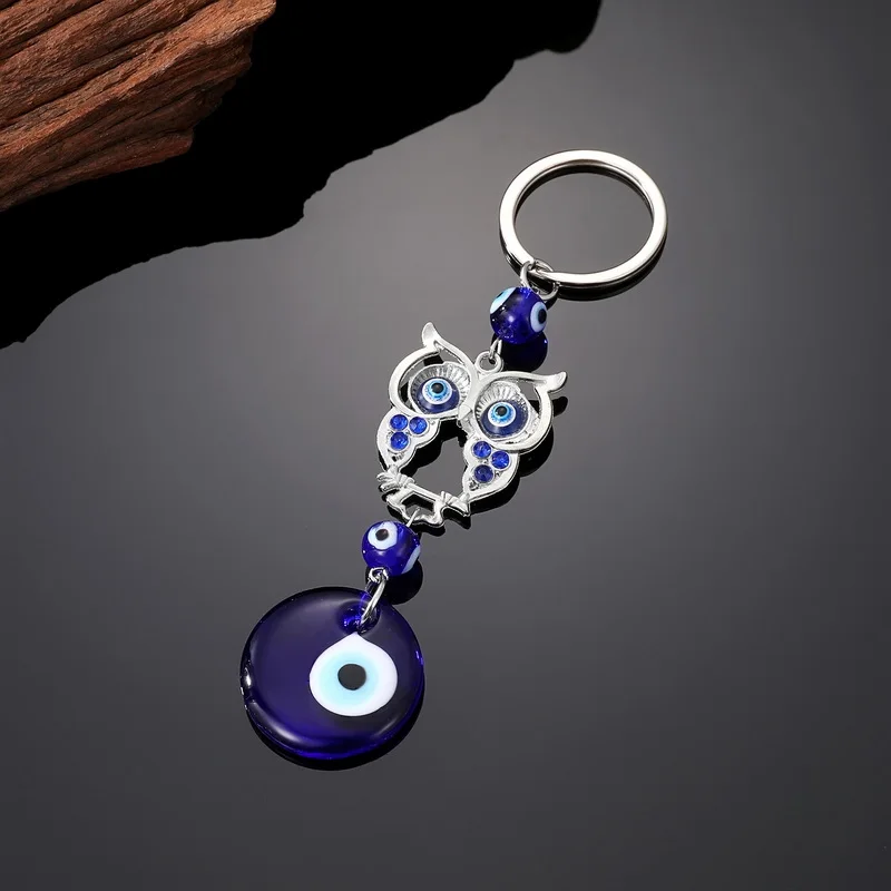מעולה כחול Rhinestones חלול ינשוף מחזיק מפתחות לנשים מזל טורקי עגול עין הרע תליון מחזיק תיק אבזרים הסיטוניים התמונה 4