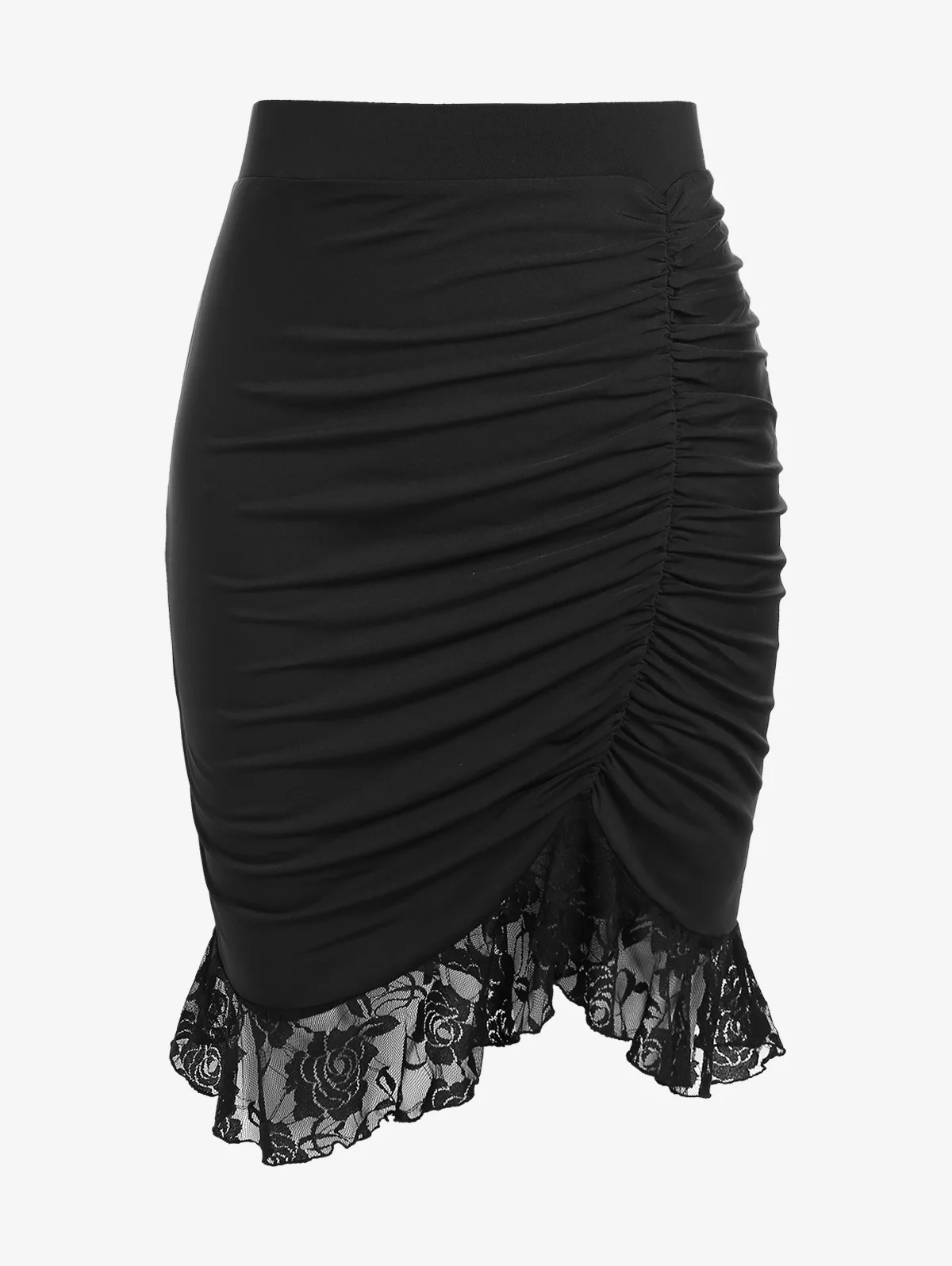 ROSEGAL שחור אלגנטי Ruched תחרה מכפלת החצאית בתוספת גודל של נשים לחיים Bodycon באורך הברך חצאיות התמונה 0