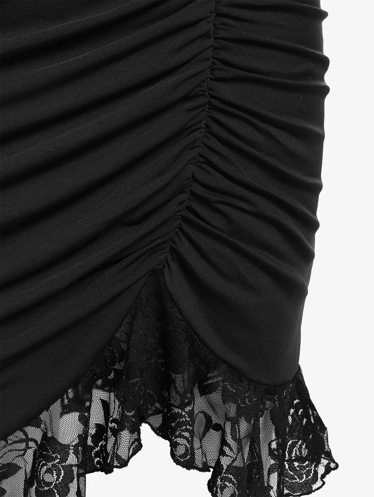 ROSEGAL שחור אלגנטי Ruched תחרה מכפלת החצאית בתוספת גודל של נשים לחיים Bodycon באורך הברך חצאיות התמונה 3