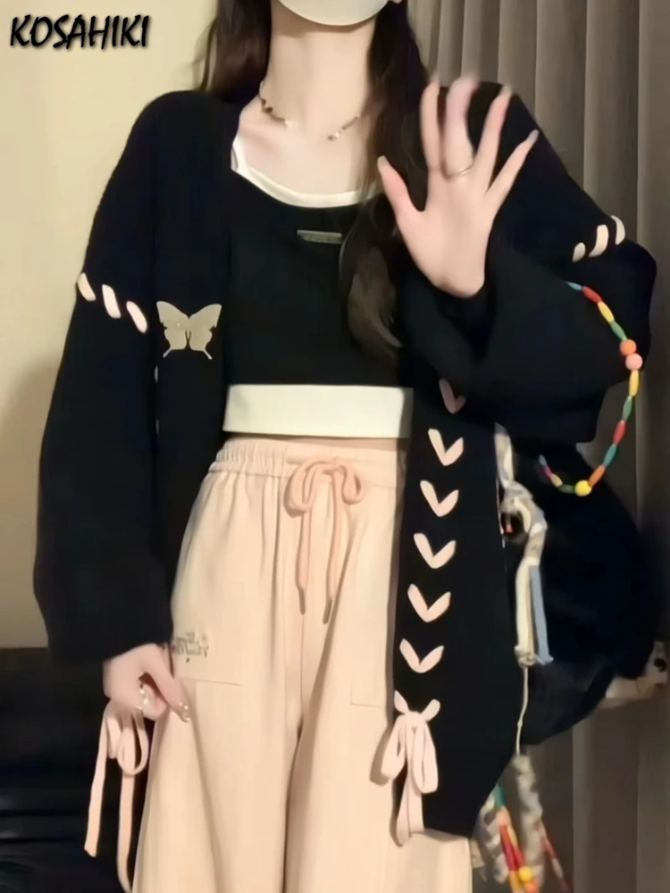 Y2k אסתטי סרוגים פרפר טלאים נשים אפודות האופנה גראנג ' כיסים סוודרים Harajuku תחבושת רופפת מזדמן מעילים התמונה 0