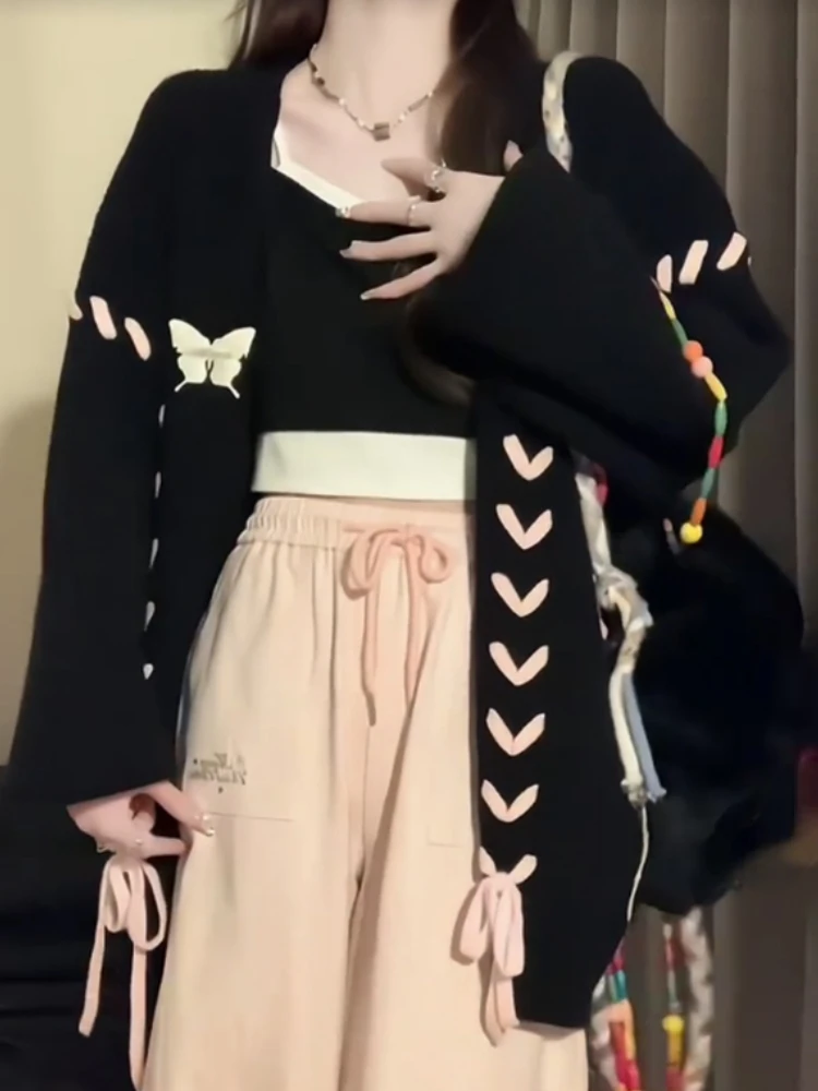 Y2k אסתטי סרוגים פרפר טלאים נשים אפודות האופנה גראנג ' כיסים סוודרים Harajuku תחבושת רופפת מזדמן מעילים התמונה 5