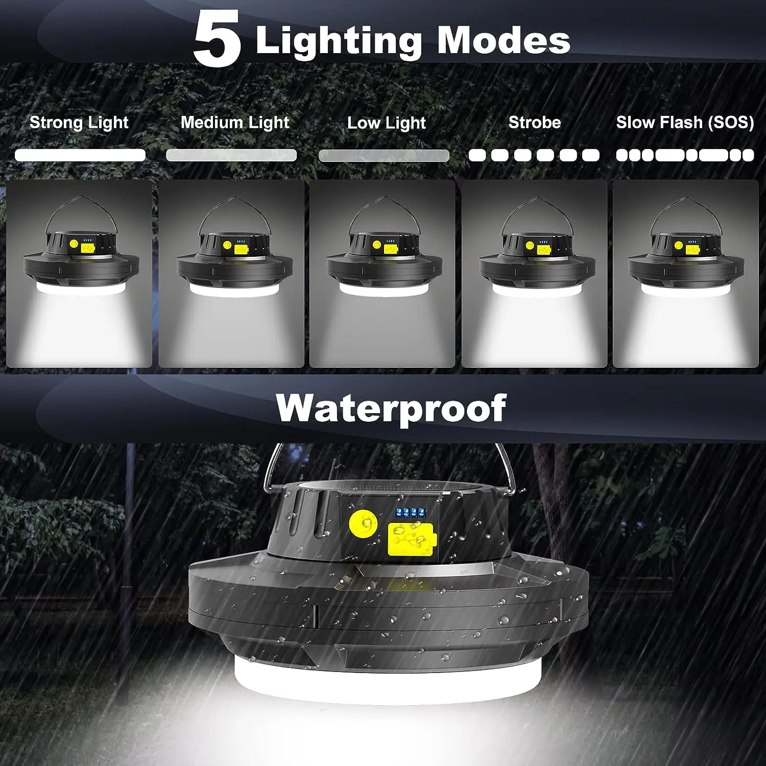 אוהל קמפינג פנס LED סולארית נטענת USB הנורה בנק כוח חירום מתקפל 5 מצבי אור על מחנאות, דייג התמונה 1