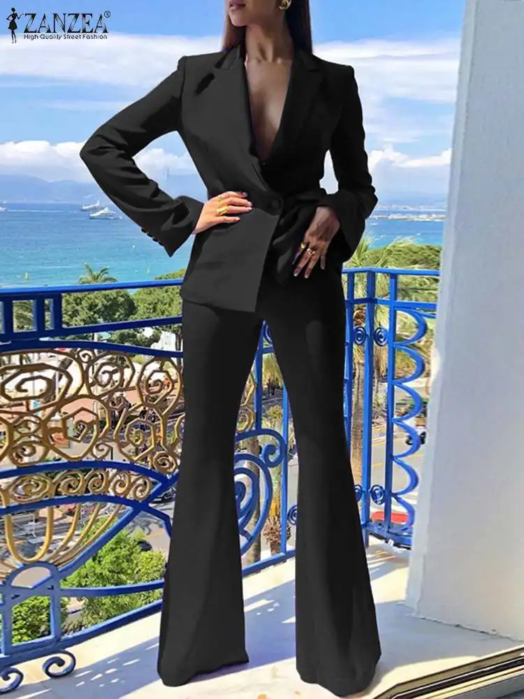 ZANZEA אלגנטי המשרד שאיפה סטים 2023 נשים אופנה גבוהה המותניים התרחבו מכנסיים תלבושות מוצק צבע 2pcs בלייזר מתאים אופנת רחוב התמונה 0