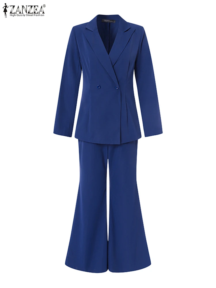 ZANZEA אלגנטי המשרד שאיפה סטים 2023 נשים אופנה גבוהה המותניים התרחבו מכנסיים תלבושות מוצק צבע 2pcs בלייזר מתאים אופנת רחוב התמונה 4