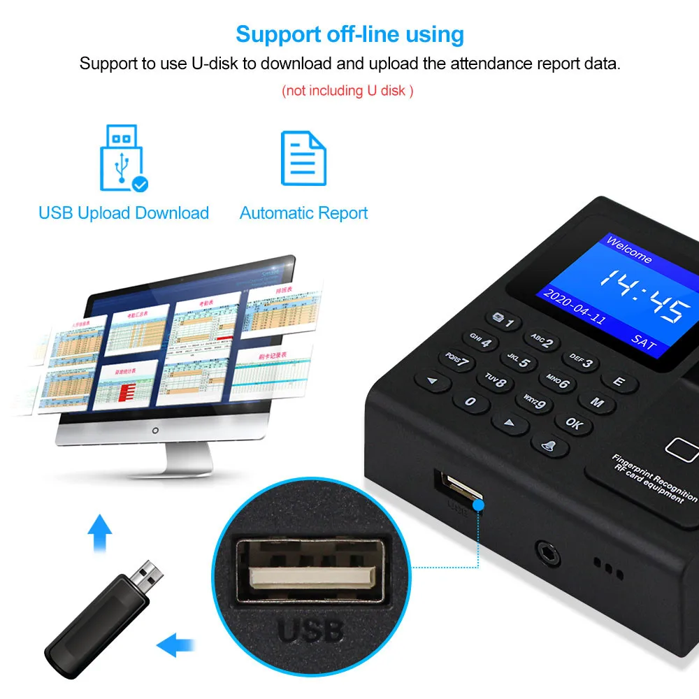 ביומטרי טביעת אצבע RFID לוח מקשים בקרת גישה למערכת אלקטרונית USB שעון זמן הקלטה מכונת נוכחות +10 Keyfobs כרטיס התמונה 3