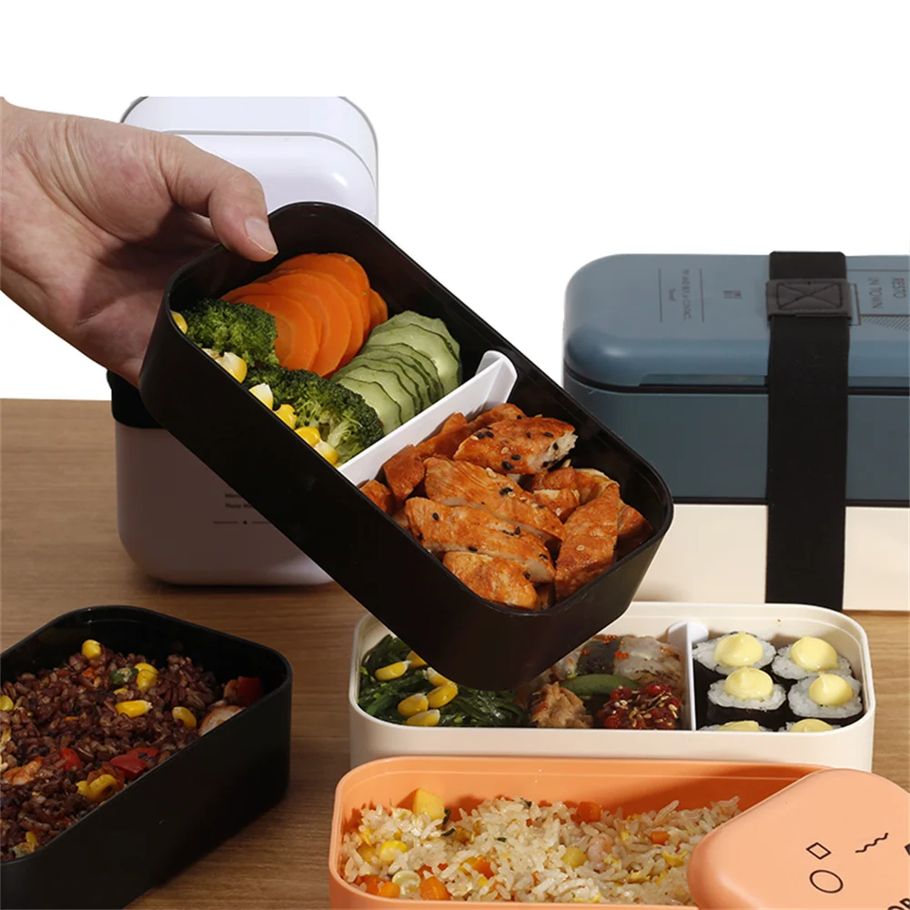 סריג מיקום תיבת צהריים 346g צהריים תיבת צורה פשוטה כפול קופסא ארוחת צהריים קלה לניקוי חומר העדיף קופסא ארוחת צהריים עם רצועות התמונה 2