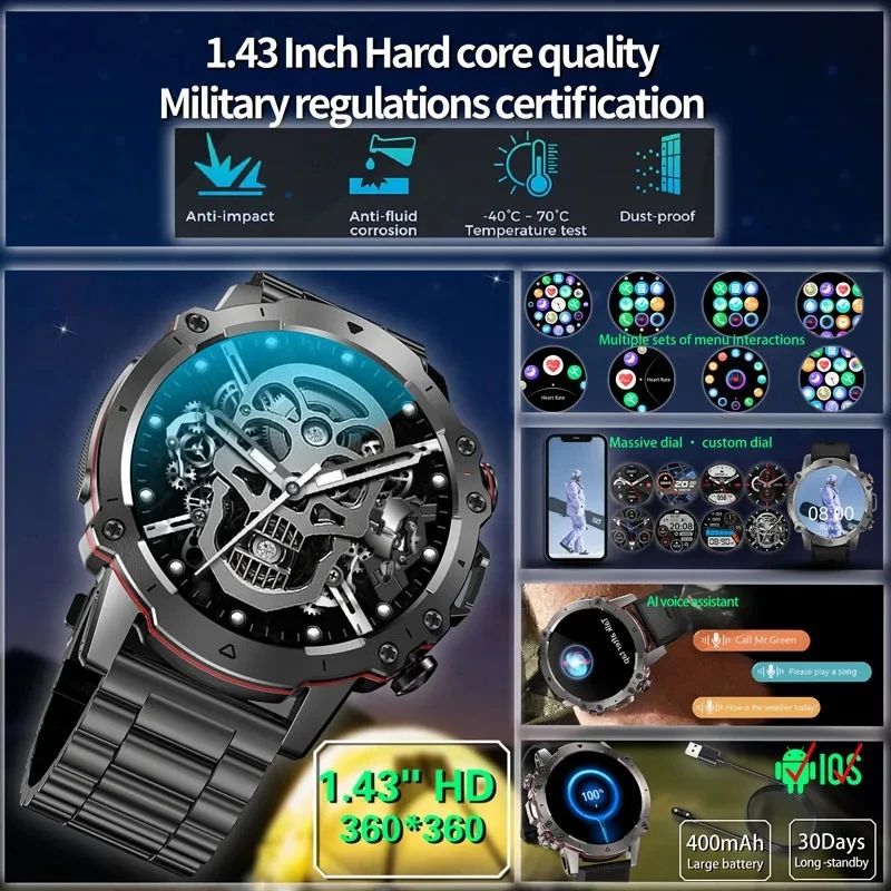 גברים שעון חכם בריא לפקח ספורט כושר Watches1.43 אינץ מסך HD Bluetooth שיחה Smartwatch מתאים עבור אנדרואיד IOS 2023 התמונה 3