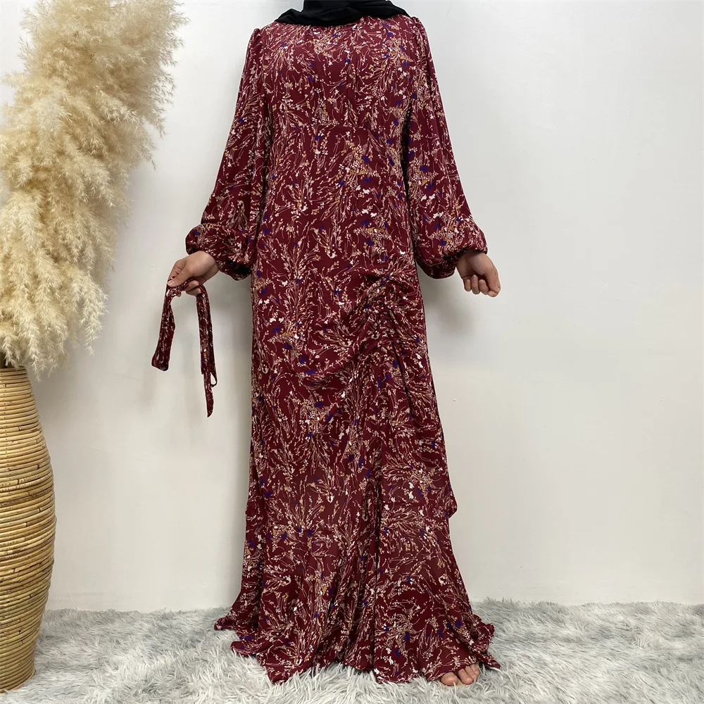 קיץ אופנה מוסלמית מפוצלים פרח שמלת צוואר עגול שרוול אלסטי חג שמלה vestidos elegantes פארא mujer התמונה 2