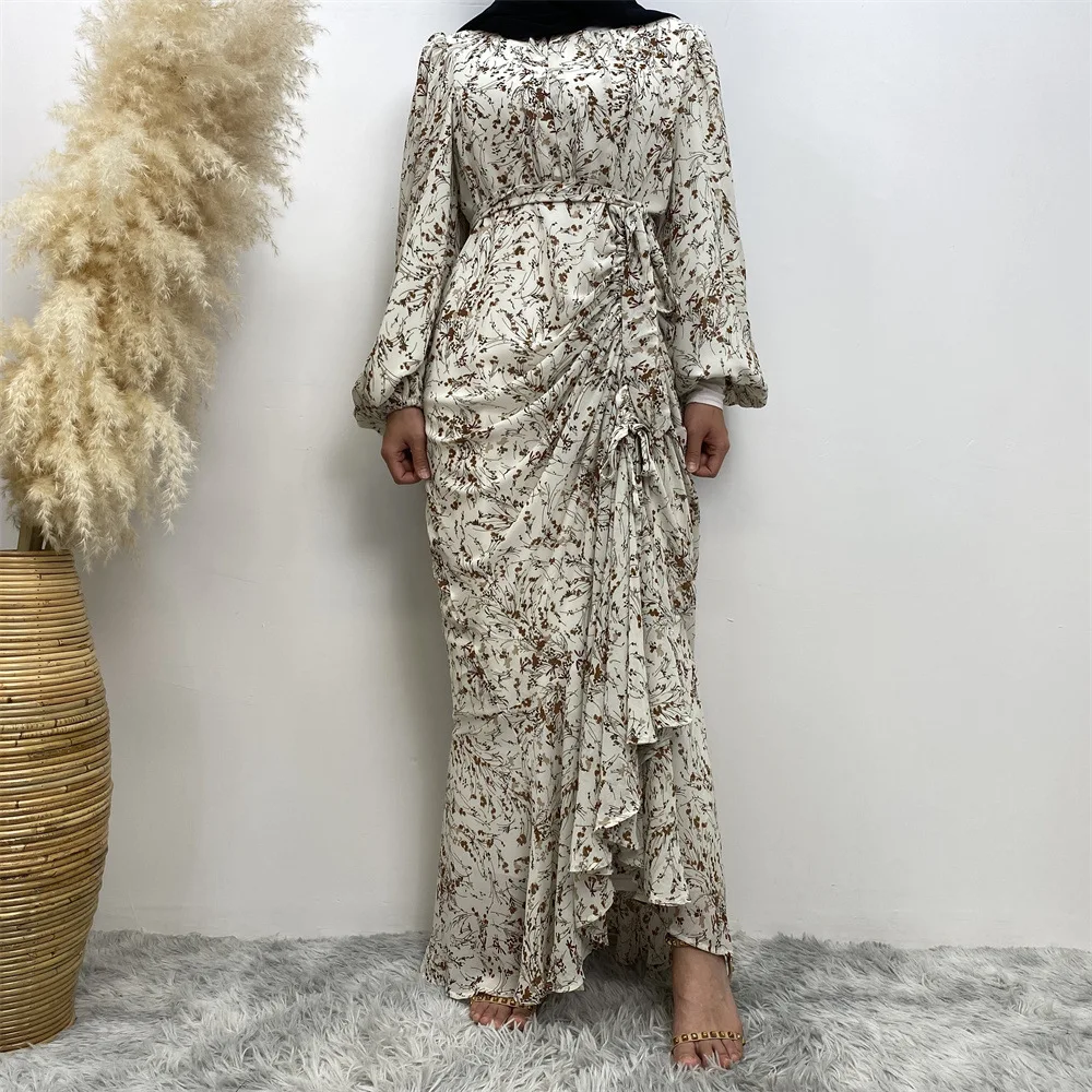 קיץ אופנה מוסלמית מפוצלים פרח שמלת צוואר עגול שרוול אלסטי חג שמלה vestidos elegantes פארא mujer התמונה 3