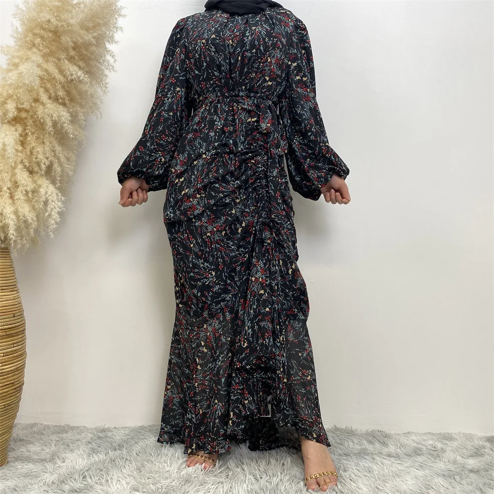 קיץ אופנה מוסלמית מפוצלים פרח שמלת צוואר עגול שרוול אלסטי חג שמלה vestidos elegantes פארא mujer התמונה 4