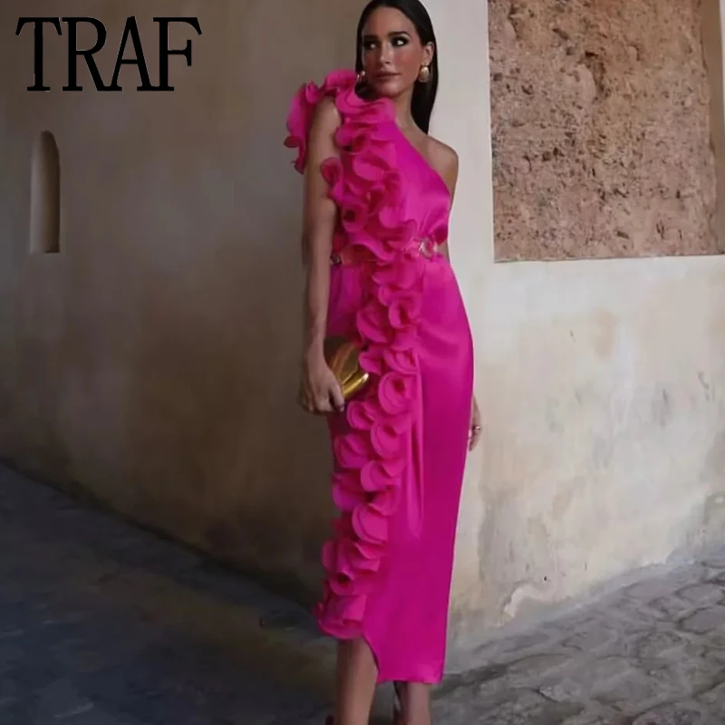 TRAF קפלים סאטן שמלת אישה אסימטרי שמלות ארוכות לנשים 2023 קפלים מחוץ כתף אלגנטית ויפה שמלות התמונה 0