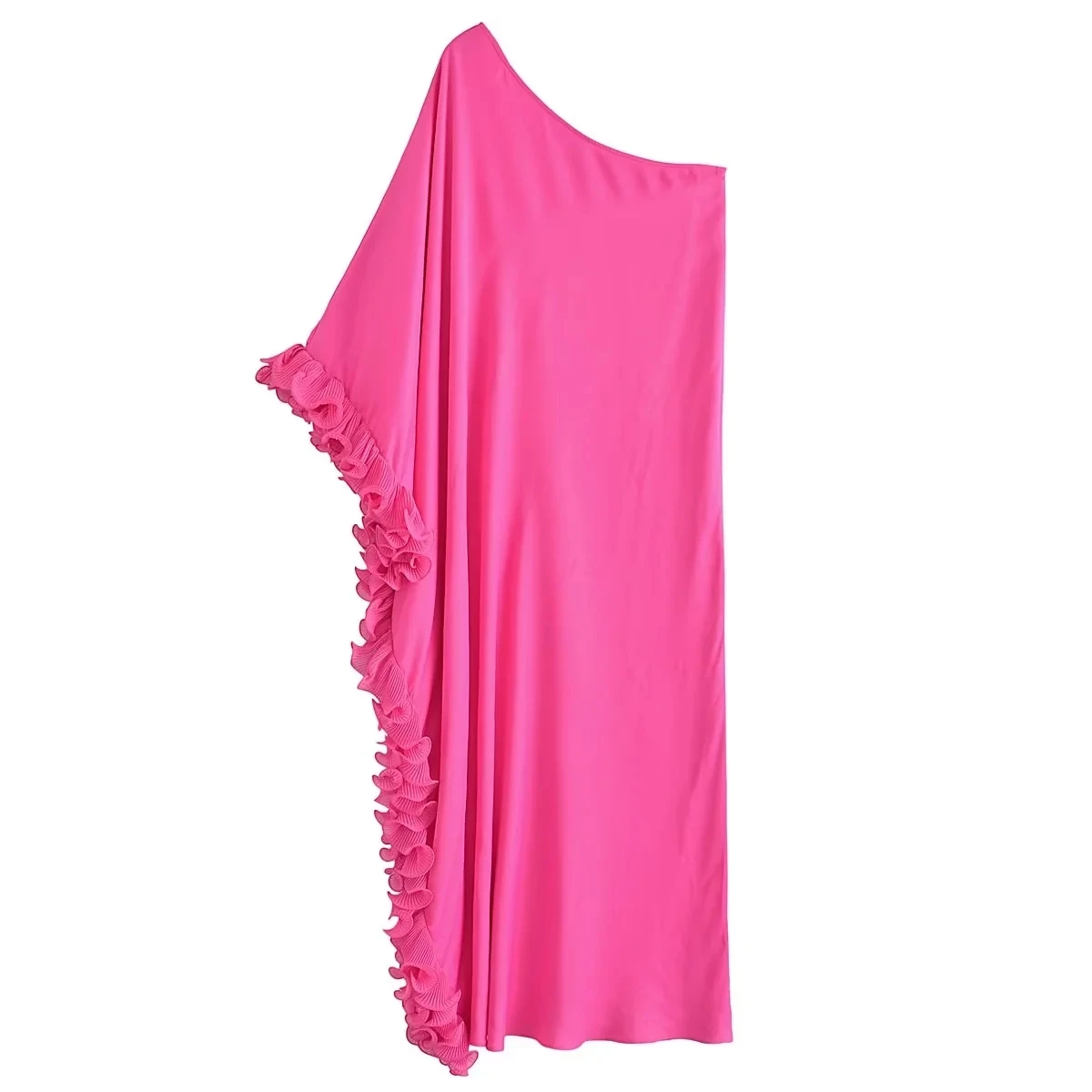 TRAF קפלים סאטן שמלת אישה אסימטרי שמלות ארוכות לנשים 2023 קפלים מחוץ כתף אלגנטית ויפה שמלות התמונה 1