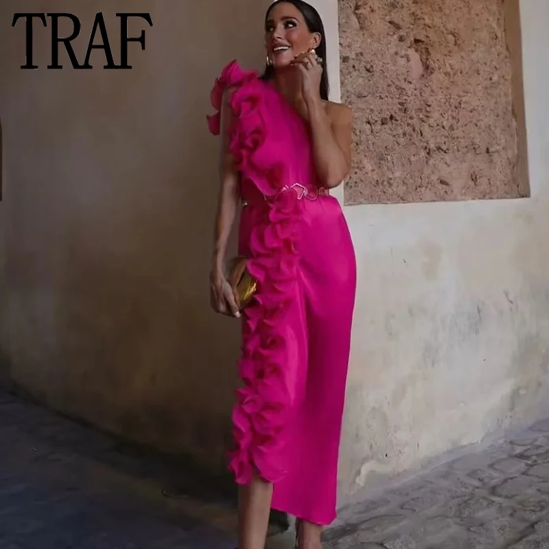 TRAF קפלים סאטן שמלת אישה אסימטרי שמלות ארוכות לנשים 2023 קפלים מחוץ כתף אלגנטית ויפה שמלות התמונה 3