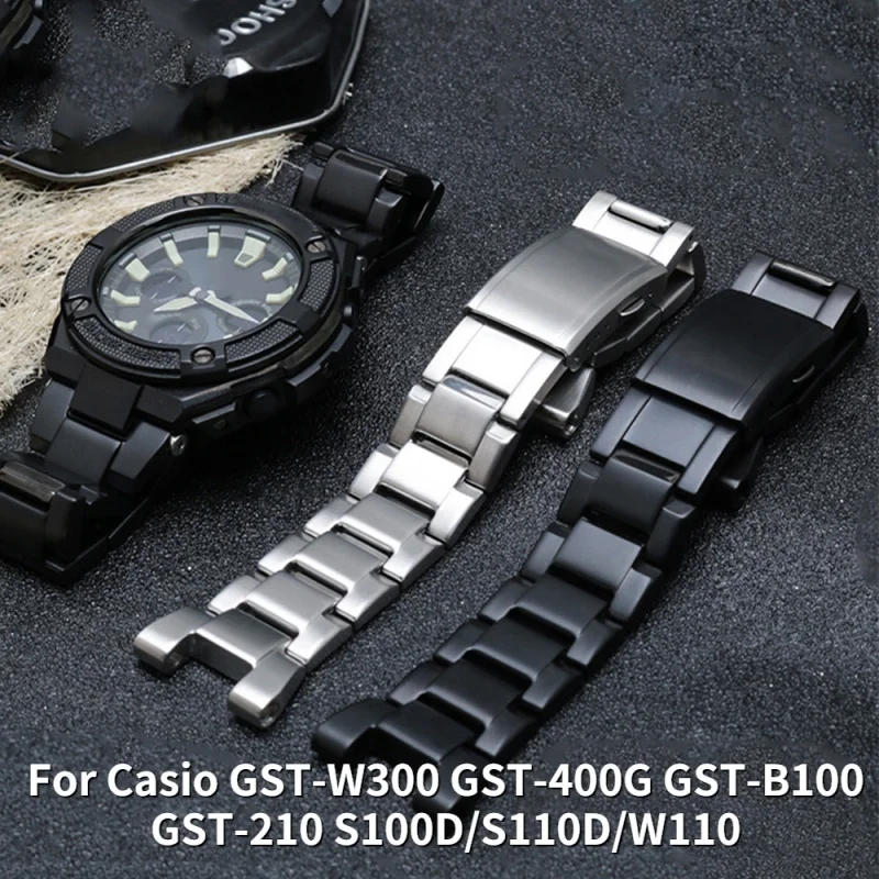 פלדת אל-חלד רצועת שעון על Casio GST-W300 GST-400 גרם GST-B100 GST-210 S100D/S110D/110 בלאק מטאל להקת שעון רצועת הצמיד התמונה 0