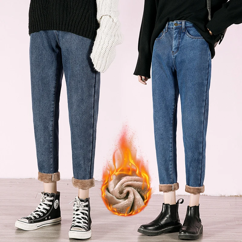 נשים חם עבה בתוספת קטיפה ג 'ינס רופף חברים ג' ינס אמא להתאים רחב הרגל הרמון מכנסיים מכנסי ג ' ינס התחתונים גבוהה המותניים 2021 התמונה 0