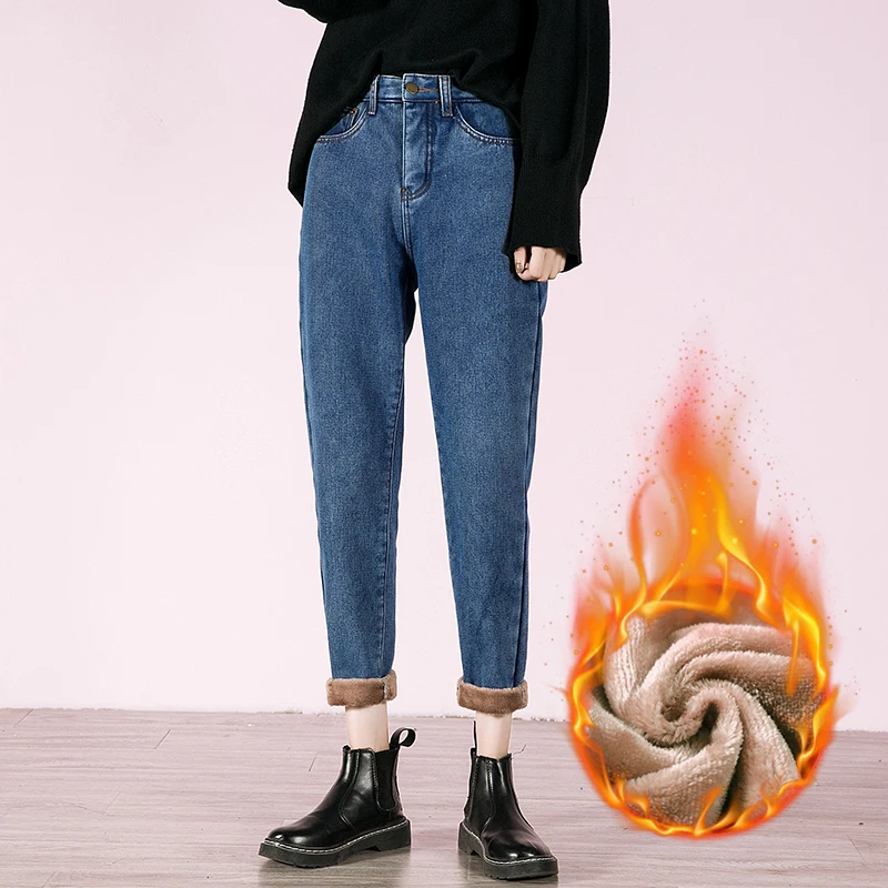 נשים חם עבה בתוספת קטיפה ג 'ינס רופף חברים ג' ינס אמא להתאים רחב הרגל הרמון מכנסיים מכנסי ג ' ינס התחתונים גבוהה המותניים 2021 התמונה 1