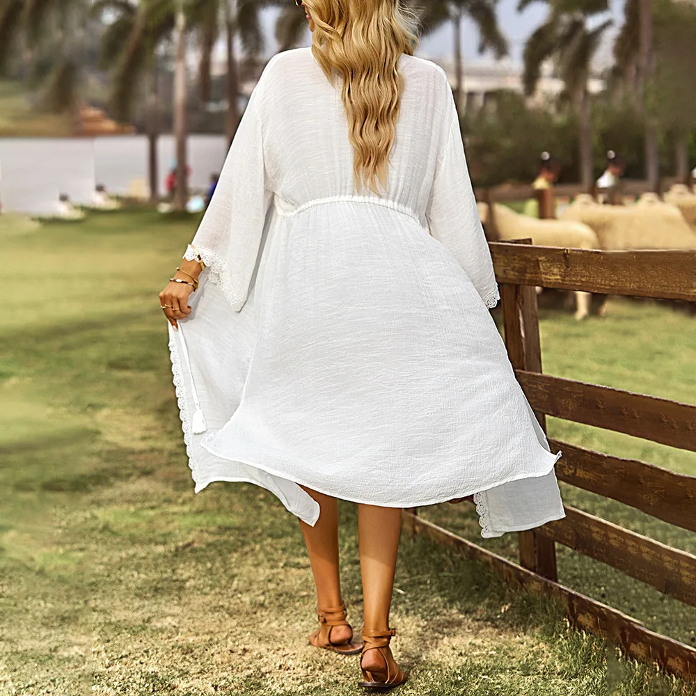 אופנה, אופנת רחוב, מסיבות חוף סקסי שמלת אישה ביגוד קיץ 2023 חדש תחרה שמלה קצרה אלגנטית, שמלות צד סקסי לבן התמונה 3