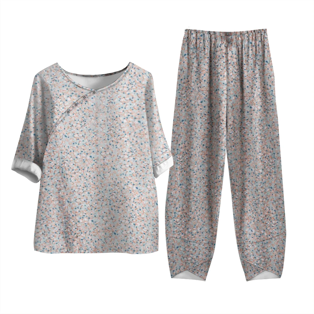 בציר בגיל העמידה כפתור למטה חולצה Traf 2023 נשים מוצק צבע פרחוני הדפסה שרוול קצר מכנסיים 2-Piece סט לנשימה התמונה 2