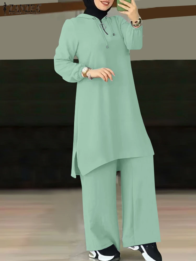 שתי ערכות קטע נשים קובע 2023 ZANZEA סתיו אופנה אימוניות סיבתי רחב הרגל חליפת מכנסיים המוסלמים החולצה טורקית Isamic Outifts התמונה 2
