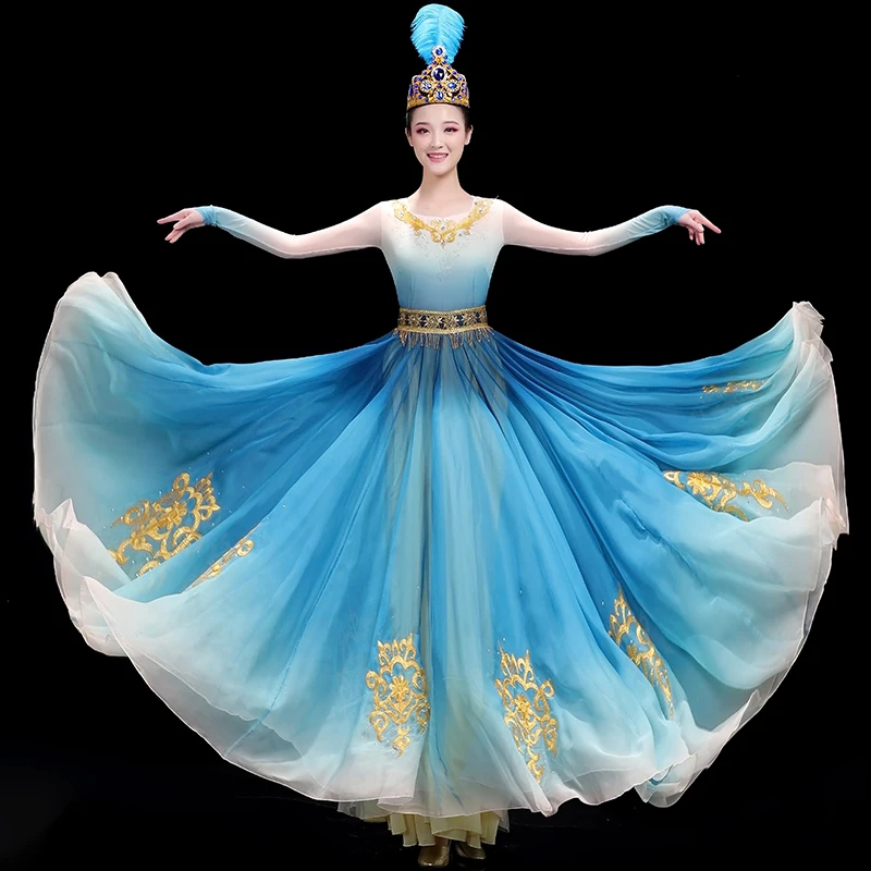 האישה הסינית שינג ' יאנג ריקוד תלבושת מסורתית של פוק Dancewear התנופה הגדולה בציר שמלה הטיבטי בפועל ביצועים בגדים התמונה 2