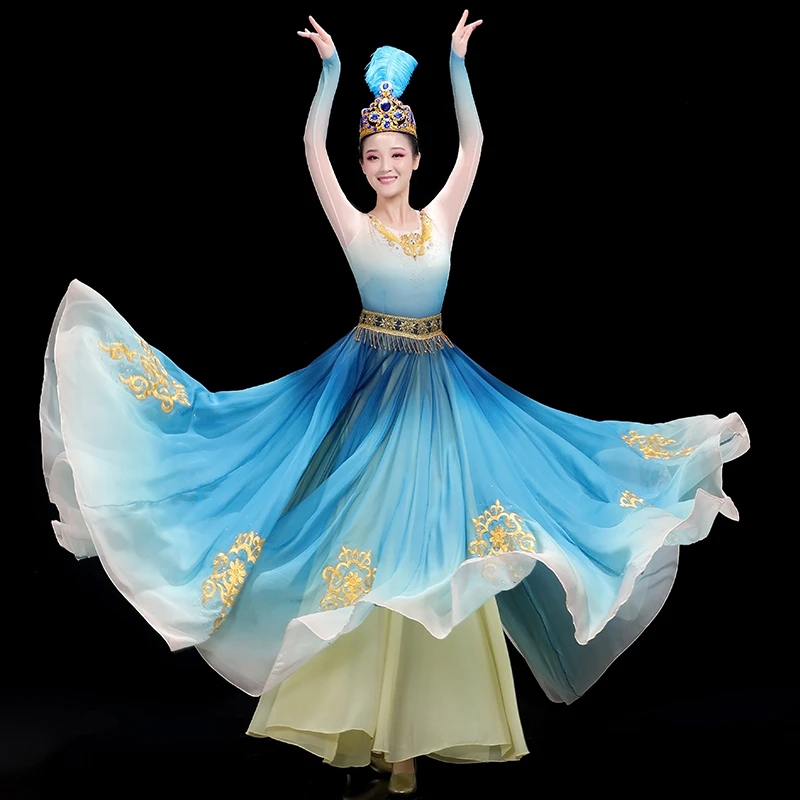 האישה הסינית שינג ' יאנג ריקוד תלבושת מסורתית של פוק Dancewear התנופה הגדולה בציר שמלה הטיבטי בפועל ביצועים בגדים התמונה 3