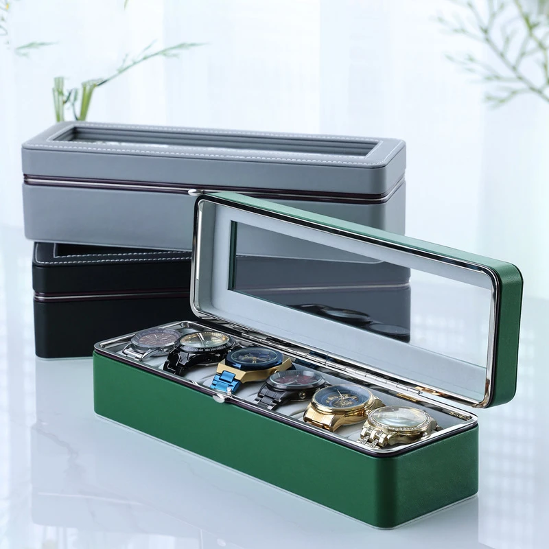 ירוק צבע עור לצפות קופסה עם מכסה זכוכית 6 חריצי לצפות תיבות ארגונית שעון אחסון התמונה 1