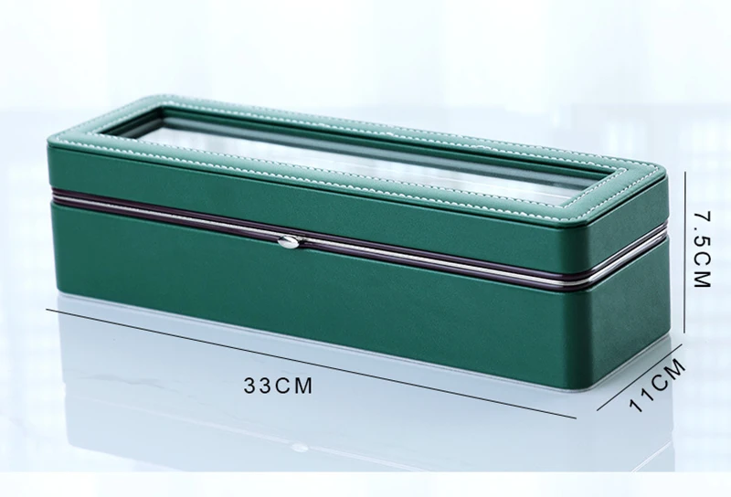 ירוק צבע עור לצפות קופסה עם מכסה זכוכית 6 חריצי לצפות תיבות ארגונית שעון אחסון התמונה 5