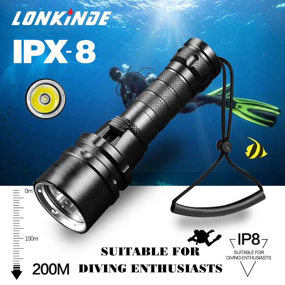 סופר מבריק צלילה פנס IPX8 הגבוהה ביותר עמיד למים דירוג מקצועי צלילה אור מופעל על ידי סוללה 18650 עם היד את החבל התמונה 0