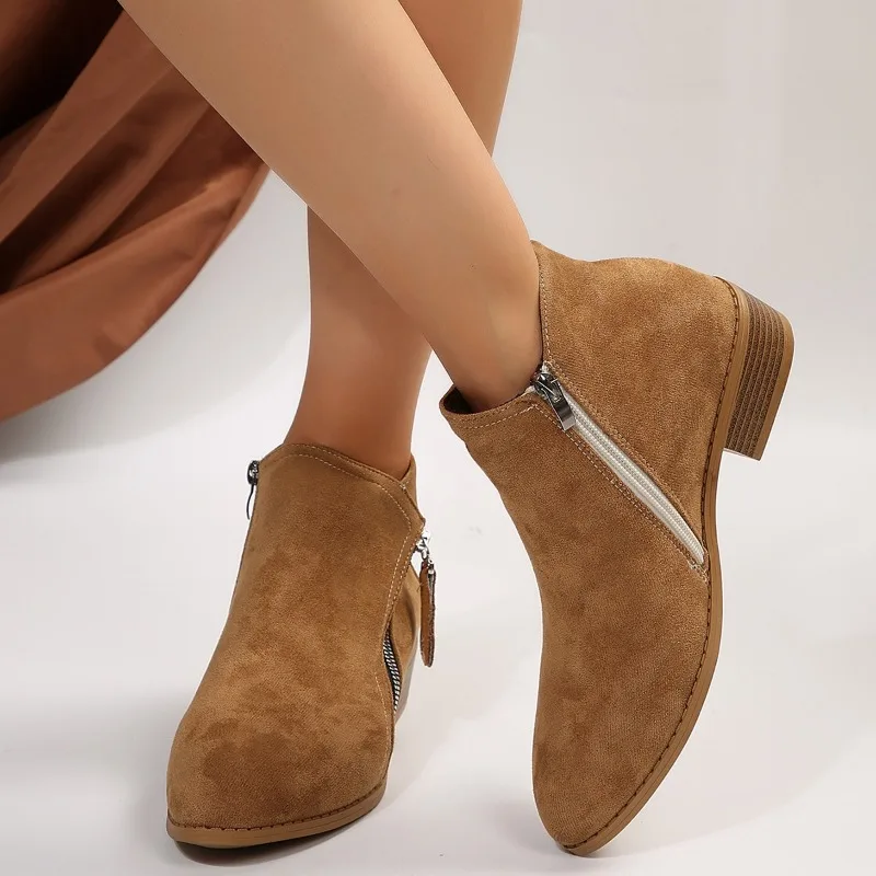 נעלי נשים 2023 חם מכירה רוכסן נשים של מגפי החורף רומא עגול הבוהן מוצק באמצע חבית העקב עבה מגפי האופנה פאטוס התמונה 1