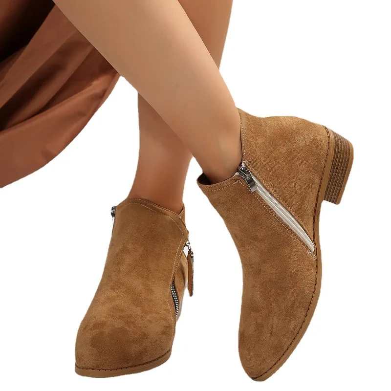 נעלי נשים 2023 חם מכירה רוכסן נשים של מגפי החורף רומא עגול הבוהן מוצק באמצע חבית העקב עבה מגפי האופנה פאטוס התמונה 5