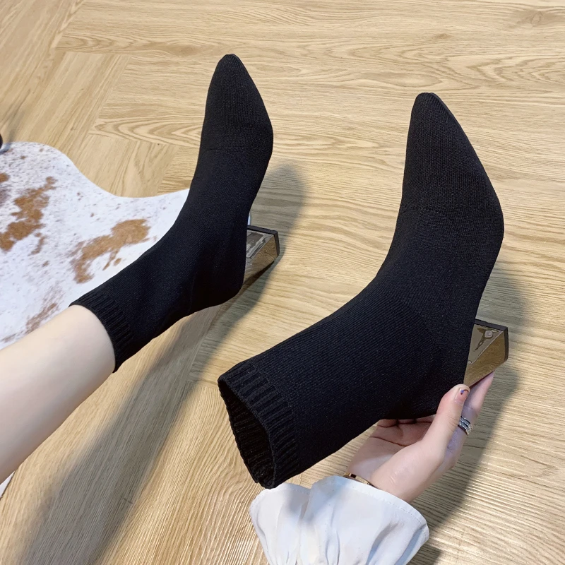 2023 חדש לנשים של נעליים גרב נשים מגפי קרסול מודרני מגפי נשים למתוח Slip-on מחודד בוהן גסה עקב אלגנטי, נשי נעליים התמונה 1